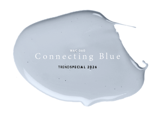 Een gladde, onregelmatige spat lichtblauwe verf met in het midden de tekst "WAC 060 Connecting Blue TRENDSPECIAL 2026".