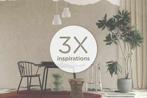 Une salle à manger avec une table noire, des chaises, une plante verte et un mur beige avec structure ; une image circulaire au milieu indique « 3X différent ».
