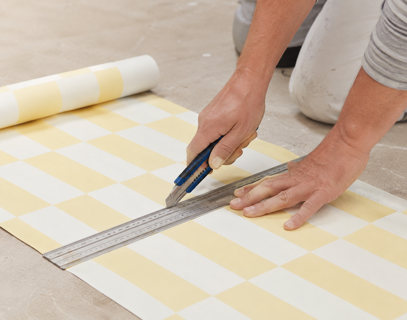 Une personne est agenouillée par terre et découpe un papier peint à carreaux jaunes et blancs à l'aide d'un cutter et d'une règle métallique.