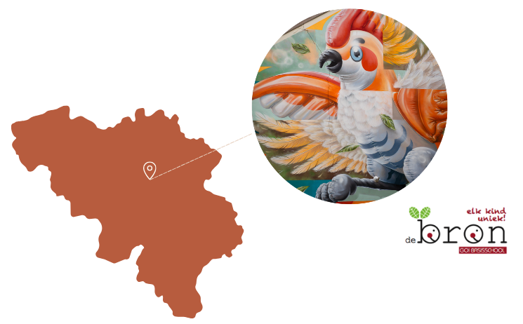 Kaart van België met een markering die naar een close-up van een kleurrijk vogelschilderij leidt, en het logo van „de Bron GO! basisschool“ met groene blaadjes en de slogan „elk kind uniek!“ in de rechteronderhoek.