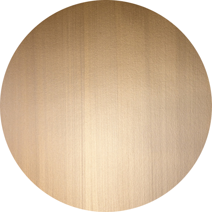 Een ronde schijf met een gladde, geborstelde goudmetallic textuur op een lichtgrijze achtergrond.