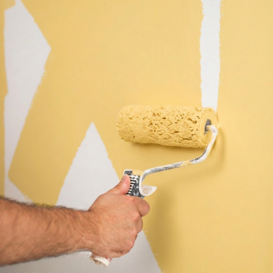 Une personne utilise un rouleau à peinture pour appliquer une peinture beige clair sur un mur, recouvrant partiellement une zone auparavant peinte dans une teinte bleu clair.