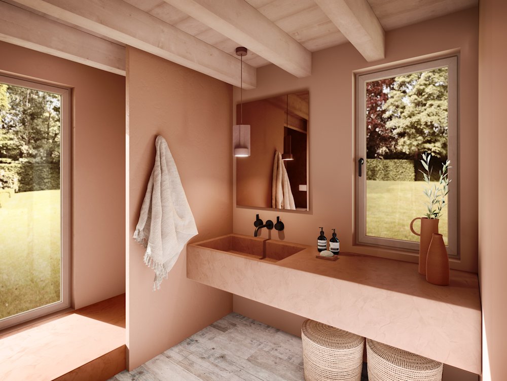 inspiratiebeeld colora – Aqua Sensa – poederroze badkamer, stucwerk, natuurlijk licht – WE M139