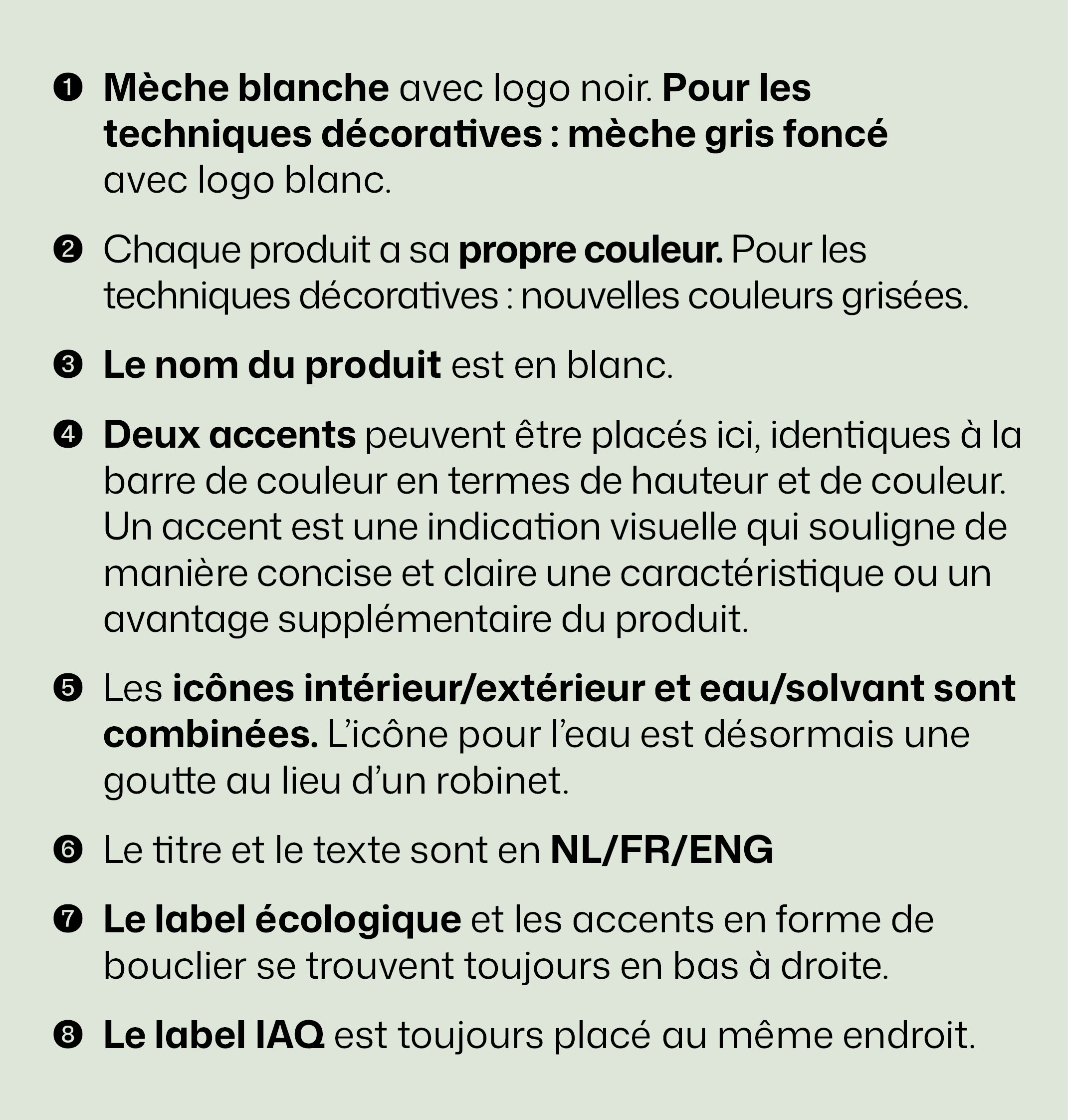 Une liste de huit directives de conception en néerlandais, avec certains passages en gras, sur des sujets tels que l'affichage des noms de produits, les accents, les pictogrammes, les langues, le label écologique et l'emplacement du label IAQ.