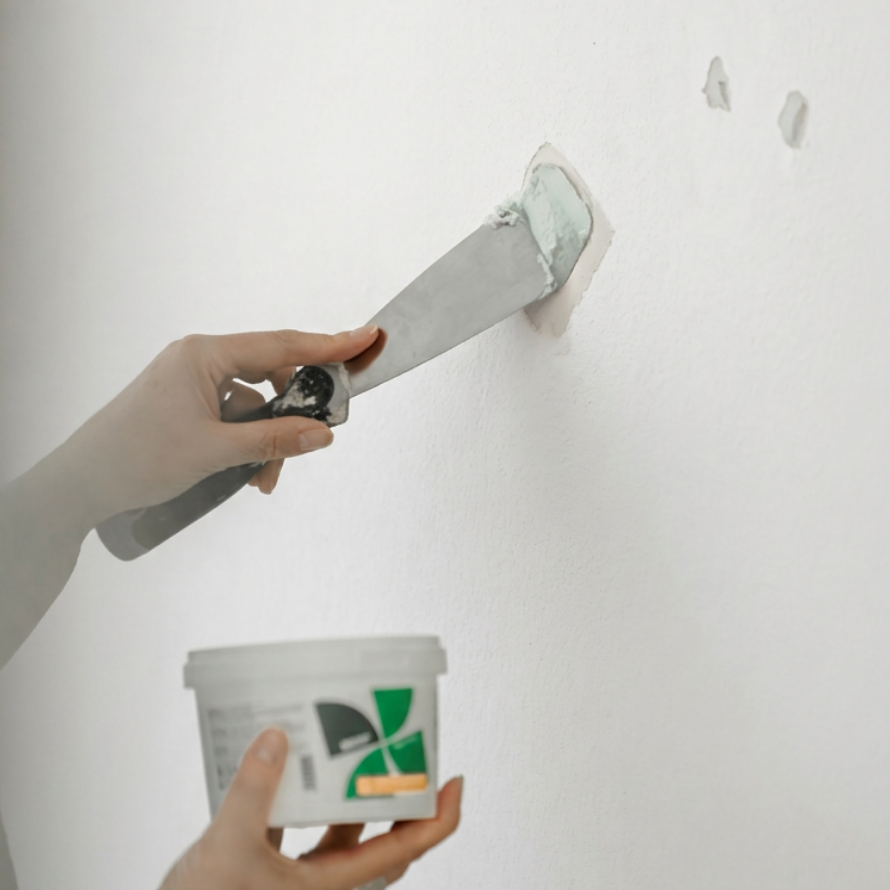 Une personne utilise un couteau à enduire pour appliquer de l’enduit sur de petits trous dans un mur gris, tout en tenant un pot de pâte dans l’autre main.