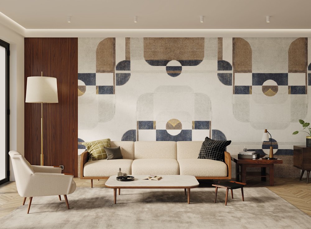 behang - woonkamer - Casadeco - Carnaby street  -  200586130 -  bruin - blauw - geel - panoramisch patroon, sofa, design