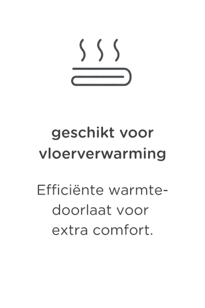 Pictogram van hittegolven boven een oppervlak, met Nederlandse tekst: „geschikt voor vloerverwarming. Efficiënte warmteoverdracht voor extra comfort”, wat betekent dat het geschikt is voor vloerverwarming met een efficiënte warmteoverdracht.