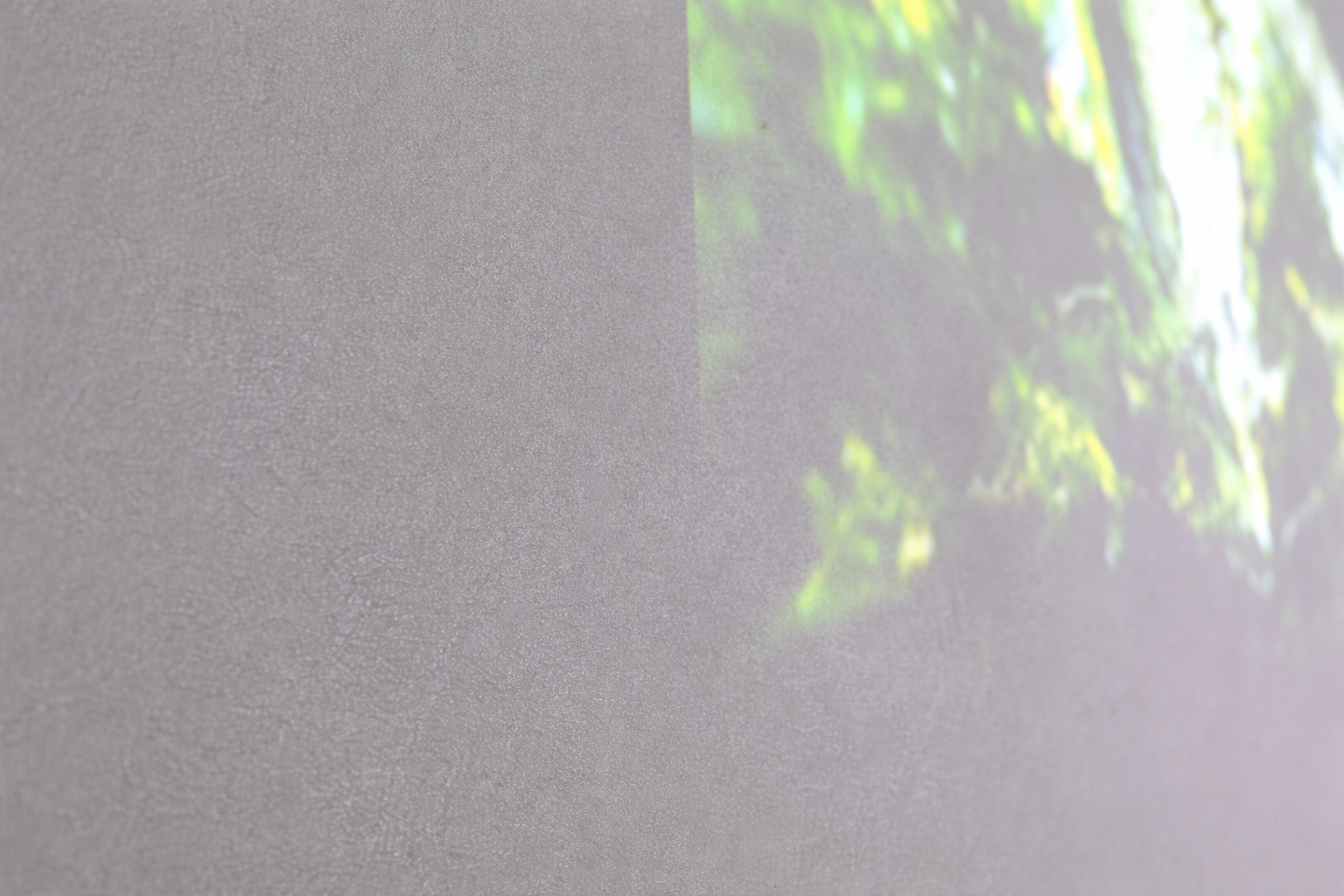 Een abstract groen en geel beeld wordt gedeeltelijk geprojecteerd op een effen, beige muur met textuur.