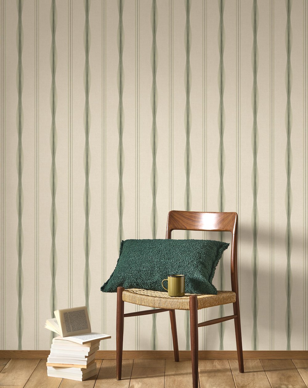 papier peint - salon - Casadeco - Rituels - 201961111 -  blanc - vert - papier peint à motifs rayés  chaise en bois  coussin vert  livres sur table basse