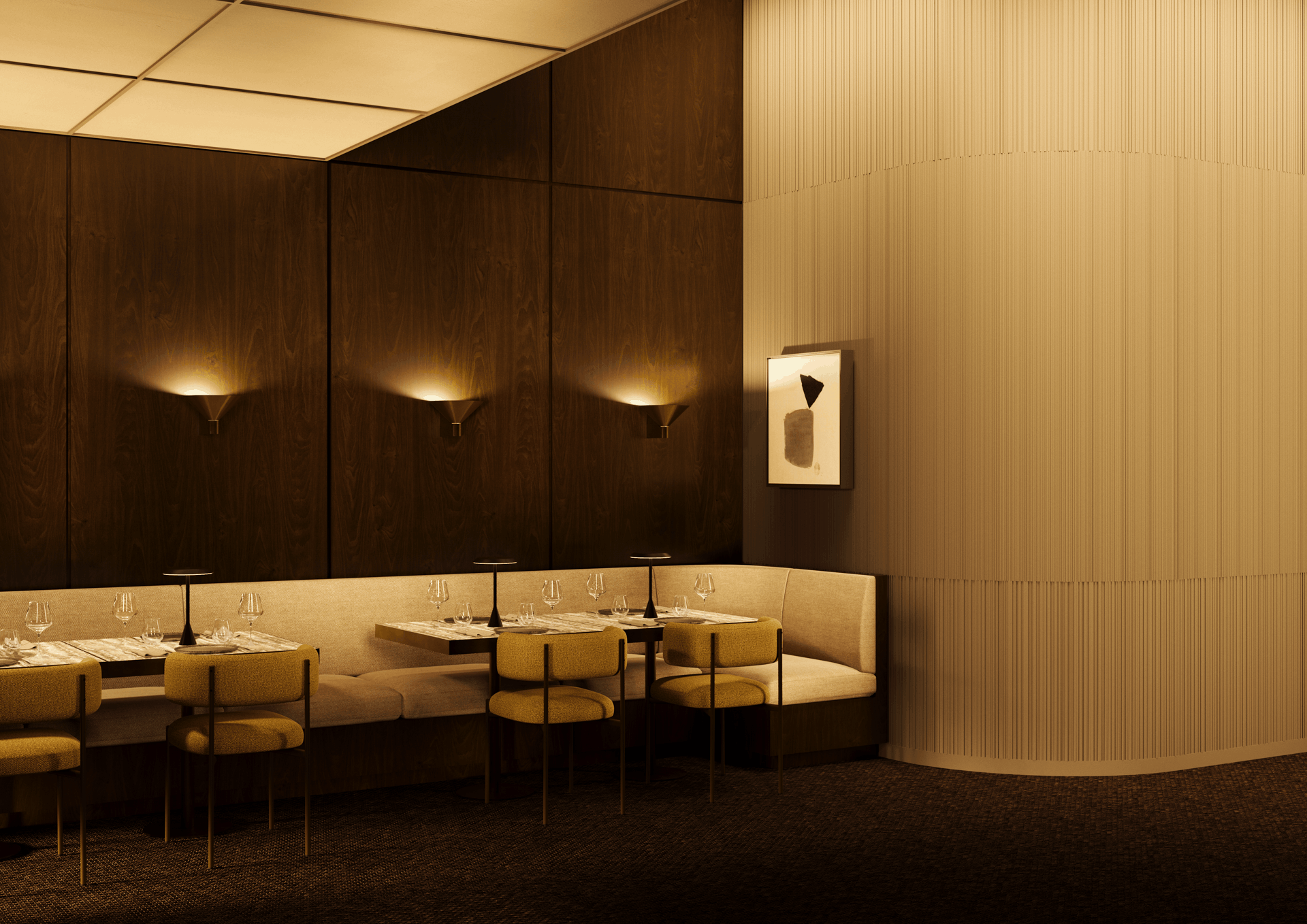 decoratieve elementen - restaurant - nmc - Noël & Marquet - WALLSTYL - ALLEGRETTINO FLEX,ALLEGRETTO FLEX,WD2 FLEX - geel - bruin - Restaurant, afgeronde wand, warme tinten