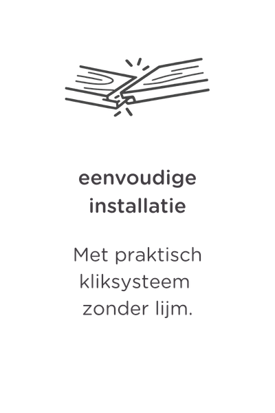 Afbeelding van twee handen die vloerbedekking leggen; de Nederlandse tekst luidt „eenvoudige installatie” met „Met praktisch kliksysteem zonder lijm”, wat betekent: „eenvoudige installatie met een praktisch kliksysteem, geen lijm nodig.”.