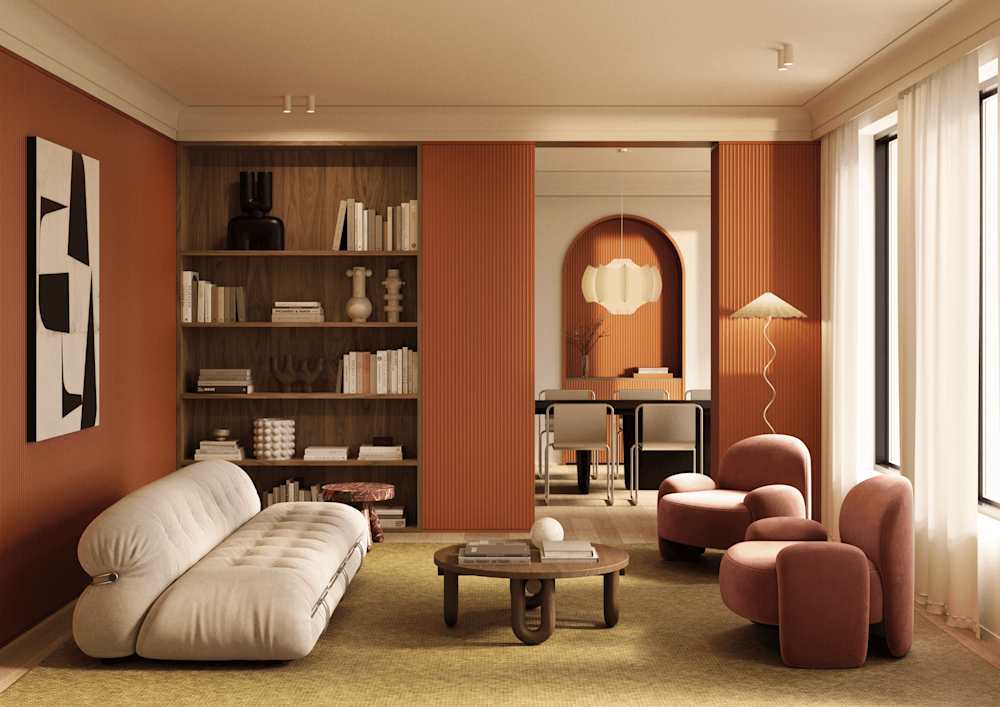 decoratieve elementen - woonkamer - nmc - Noël & Marquet - ARSTYL, WALLSTYL - PLISSE L,PLISSE S,AD22,FL11 - wit - oranje -Paneelwand, boekenkast, cosy salon