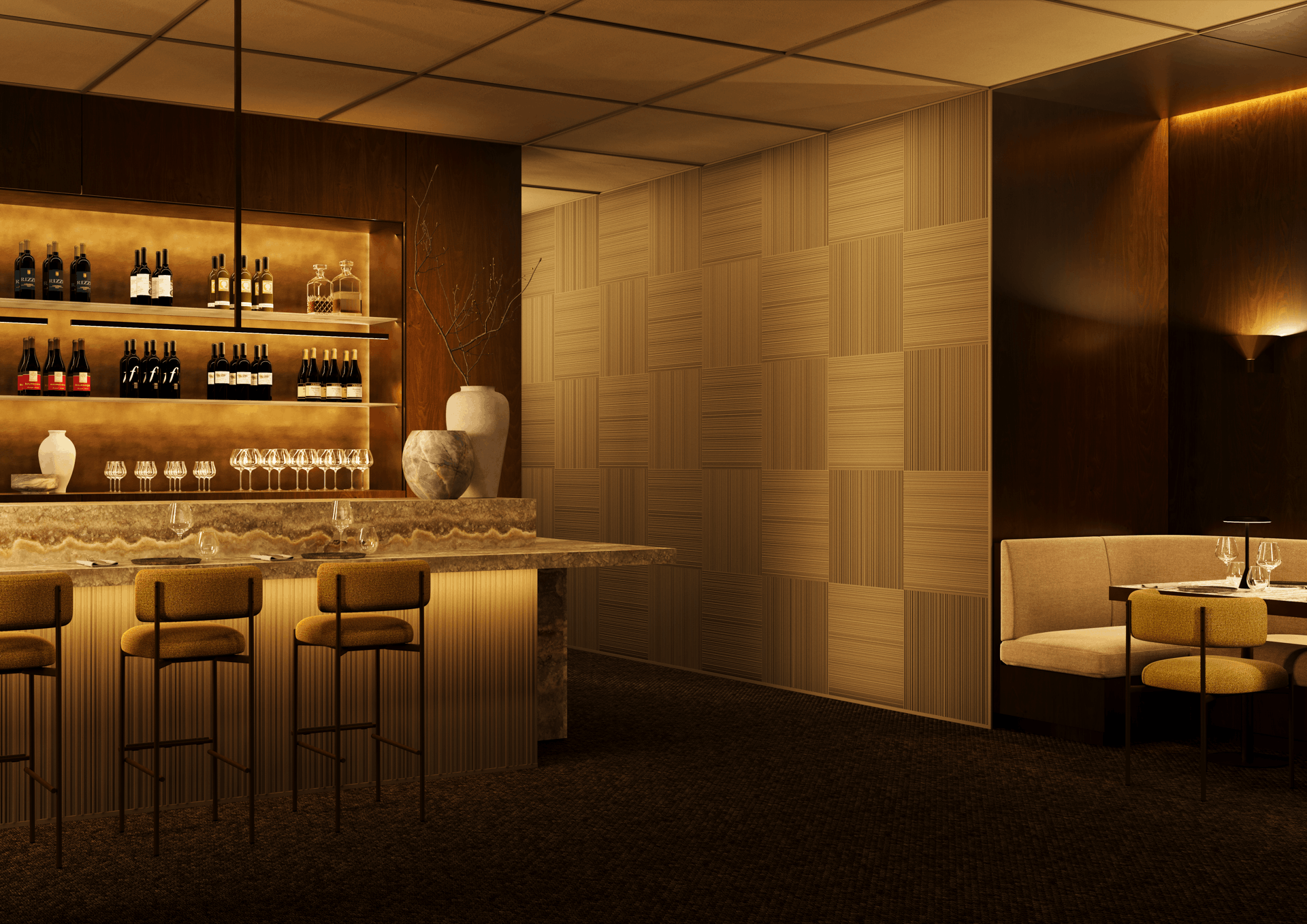 decoratieve elementen - restaurant - nmc - Noël & Marquet - WALLSTYL - ALLEGRETTINO,FL15,ALLEGRETTO - geel - bruin - Bar, houttinten, textuurwand, sfeerverlichting