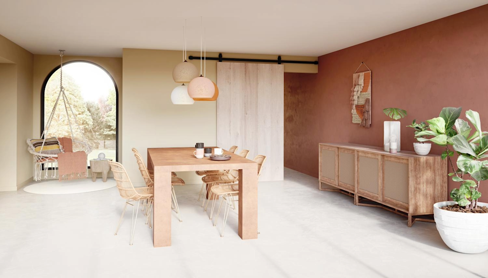 inspiratiebeeld colora – Aqua Sensa – eetkamer - accentmuur - natuurlijke materialen - AS 05