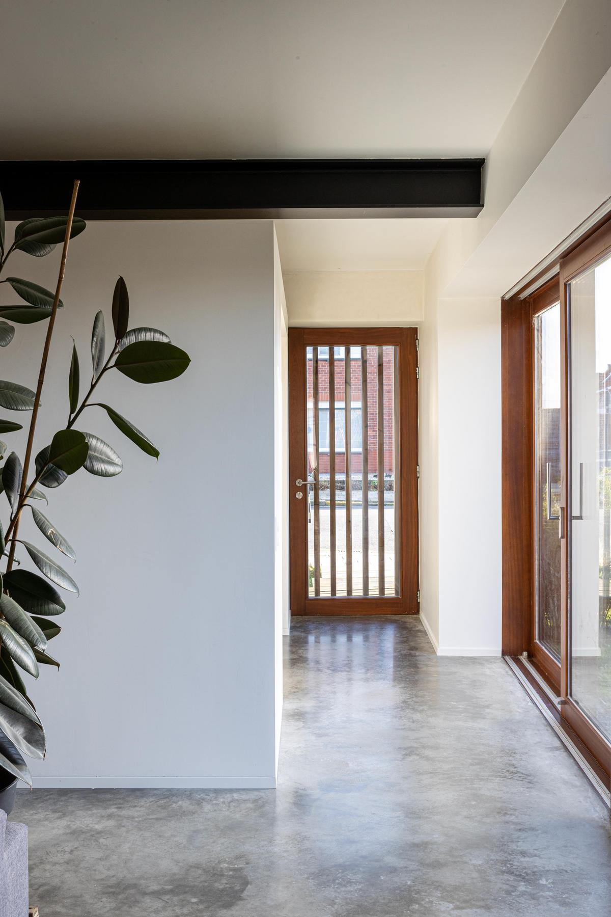 Un hall moderne avec un sol en béton poli, une porte vitrée avec des encadrements en bois, de grandes fenêtres et une plante d'intérieur luxuriante dans un coin.
