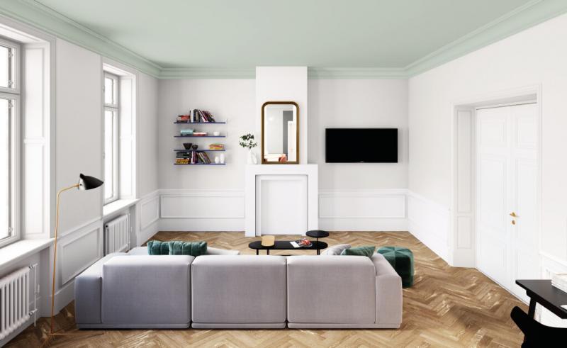 Salon lumineux avec un canapé-lit gris, des fauteuils verts, une télévision murale, des étagères, un miroir au-dessus de la cheminée et de grandes fenêtres baignées de lumière naturelle.