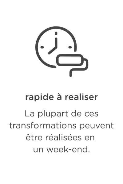 Un dessin d'une horloge et un rouleau à peinture, au-dessus du texte: « Prêt en un clin d’œil. De nombreux projets peuvent être réalisés en un week-end », ce qui signifie : « Prêt en un clin d’œil. De nombreux projets peuvent être fait en un week-end. ».