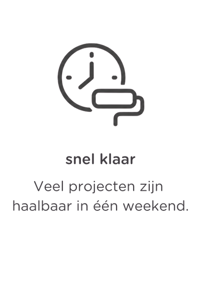 Een eenvoudige lijntekening van een klok en een verfroller boven de Nederlandse tekst: „snel klaar. Veel projecten zijn haalbaar in één weekend”, wat betekent: „snel klaar. Veel projecten kunnen in één weekend worden voltooid.”.