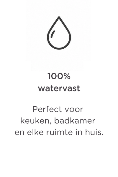 Een zwarte omtrek van een waterdruppel boven de tekst „100% watervast“. Daaronder staat: „Perfect voor de keuken, badkamer en elke ruimte in huis.“ De achtergrond is lichtgrijs.