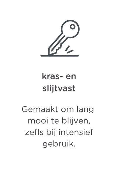 Eenvoudige lijntekening van een sleutel met daaronder tekst: „kras- en slijtvast. Gemaakt om lang mooi te blijven, zelfs bij intensief gebruik.” Vertaling: „Kras- en slijtvast. Gemaakt om lang mooi te blijven, zelfs bij intensief gebruik.”.