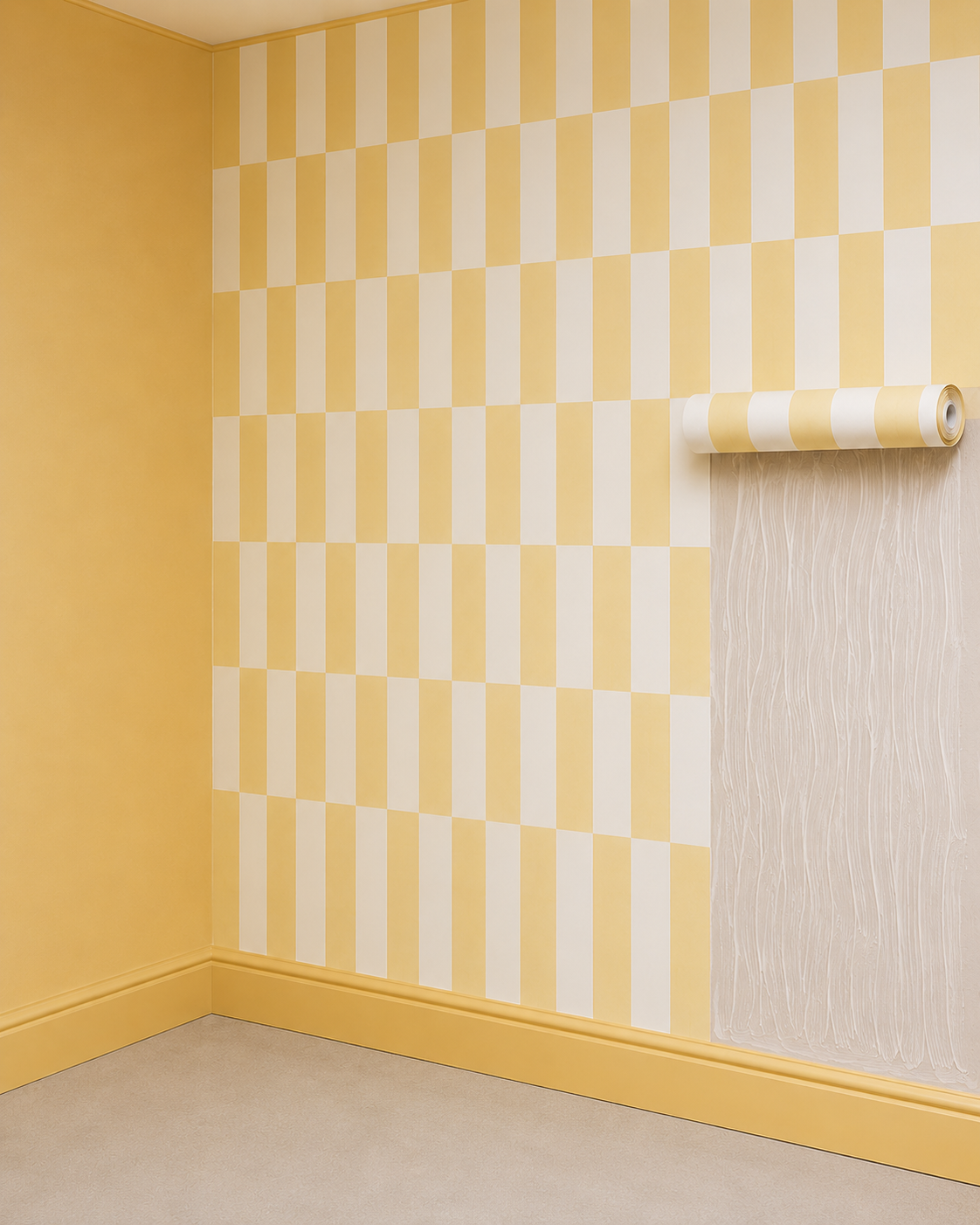 Un coin de la pièce est partiellement recouvert d'un papier peint à carreaux jaunes et blancs ; un rouleau de papier peint assorti repose contre le mur, laissant apparaître un mur non tapissé orné de lignes ondulées blanches sous le rouleau.