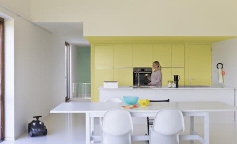 Gele keukenkasten met witte muren 