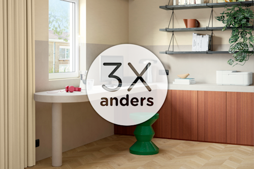 Een home office met een beige en grijze textuurmuur, groene kruk en visgraat vinylparket.