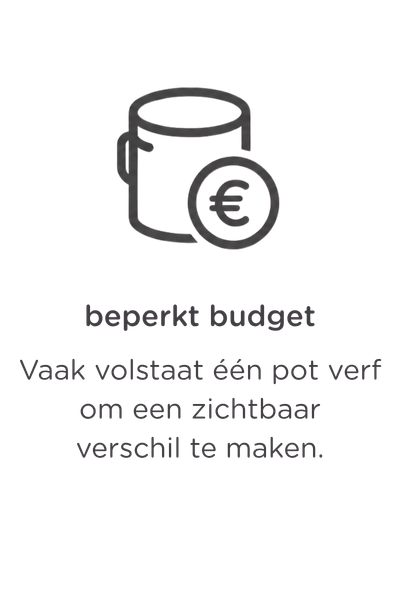 Afbeelding van een verfblik met een eurosymbool en een Nederlandse tekst die luidt: „Beperkt budget. Vaak is één blik verf al genoeg om een zichtbaar verschil te maken.”.