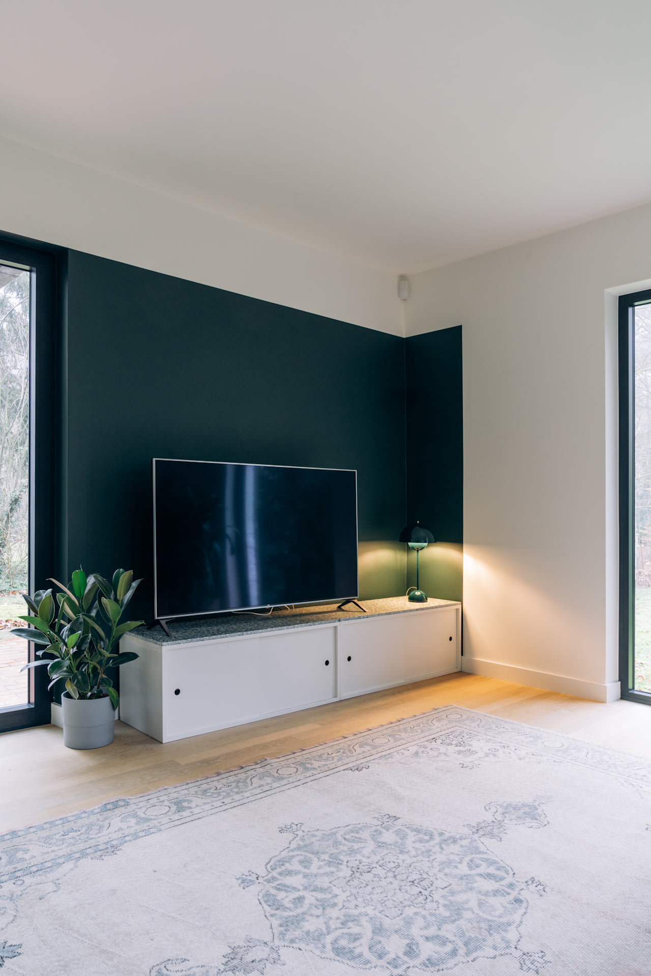 Moderne woonkamer met een tv op een lage witte kast, een groene lamp, een potplant, een fauteuil, grote glazen deuren en een vloerkleed met patroon.