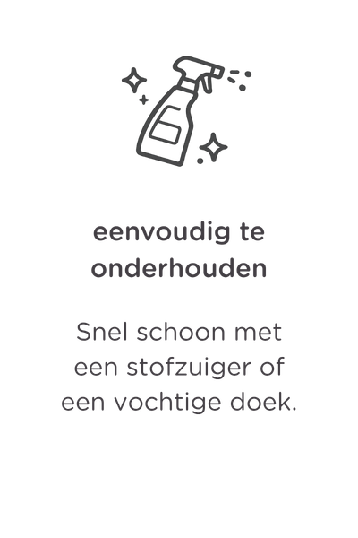 Een pictogram van een spuitfles met glitters boven een Nederlandse tekst die luidt: "eenvoudig te onderhouden. Snel schoon met een stofzuiger of een vochtige doek." De achtergrond is lichtgrijs.