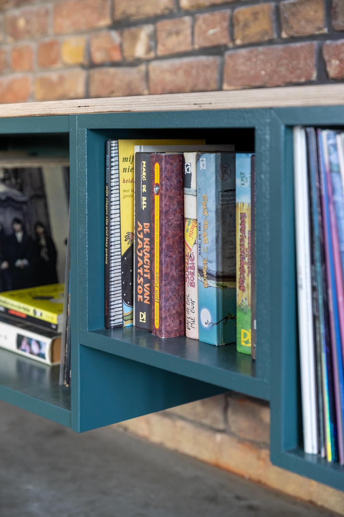 Gros plan sur des livres et des magazines soigneusement rangés sur des étagères bleu-vert, avec un mur de briques en arrière-plan.