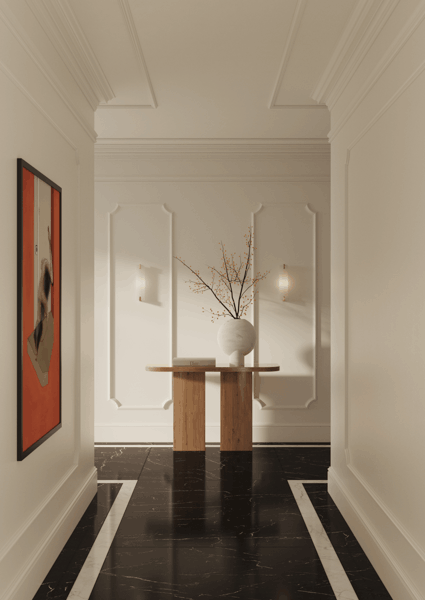 éléments décoratifs - hall d'entrée - nmc - Noël & Marquet -  ARSTYL, WALLSTYL - Z10,Z24,Z13,Z103,FL17 - blanc - moulures décoratives, accent noir au sol