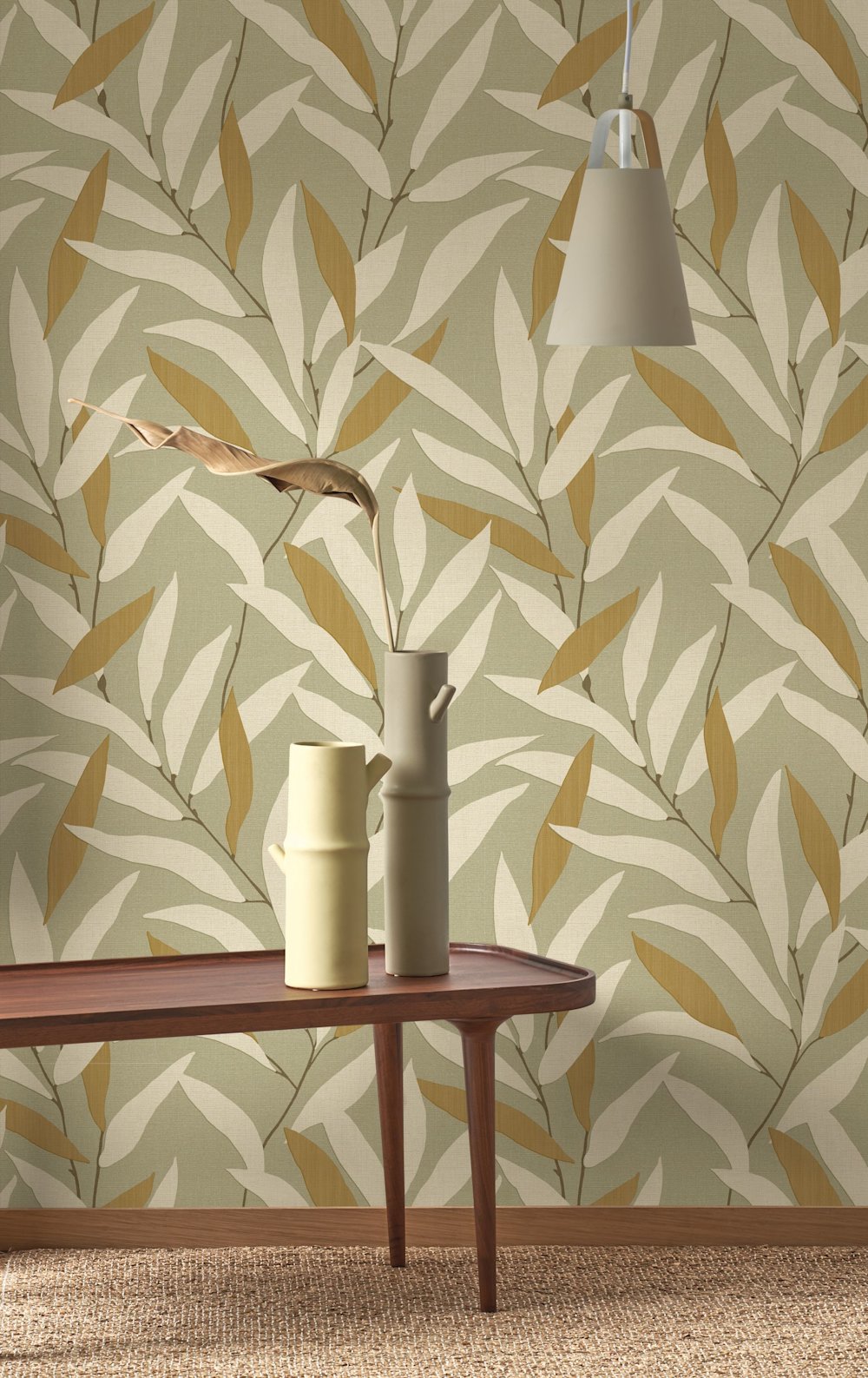 papier peint - salon - Casadeco - Rituels - 201951729 -  blanc - vert - papier peint botanique à feuilles  table d'appoint en bois  vases design  suspension minimaliste