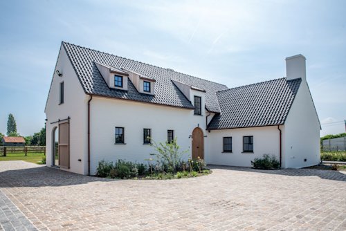 Een modern wit huis van twee verdiepingen met een donker pannendak, dakkapellen, een gewelfde houten deur, kleine struiken aan de voorkant en een geplaveide oprit.