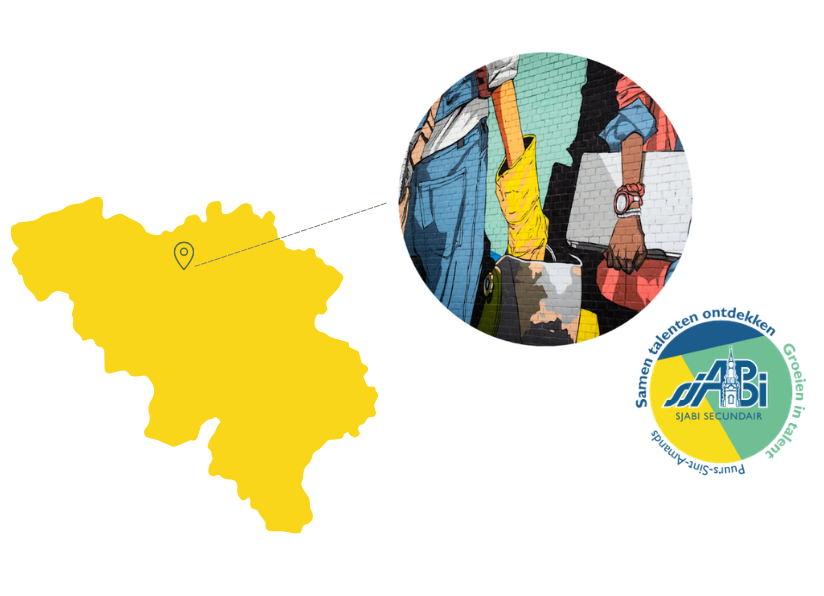 Een gele kaart van België met een locatie-indicator, ingezoomd om een muurschildering te tonen van mensen die gereedschap vasthouden. Rechtsonder is het logo van de ABI-middelbare school te zien.