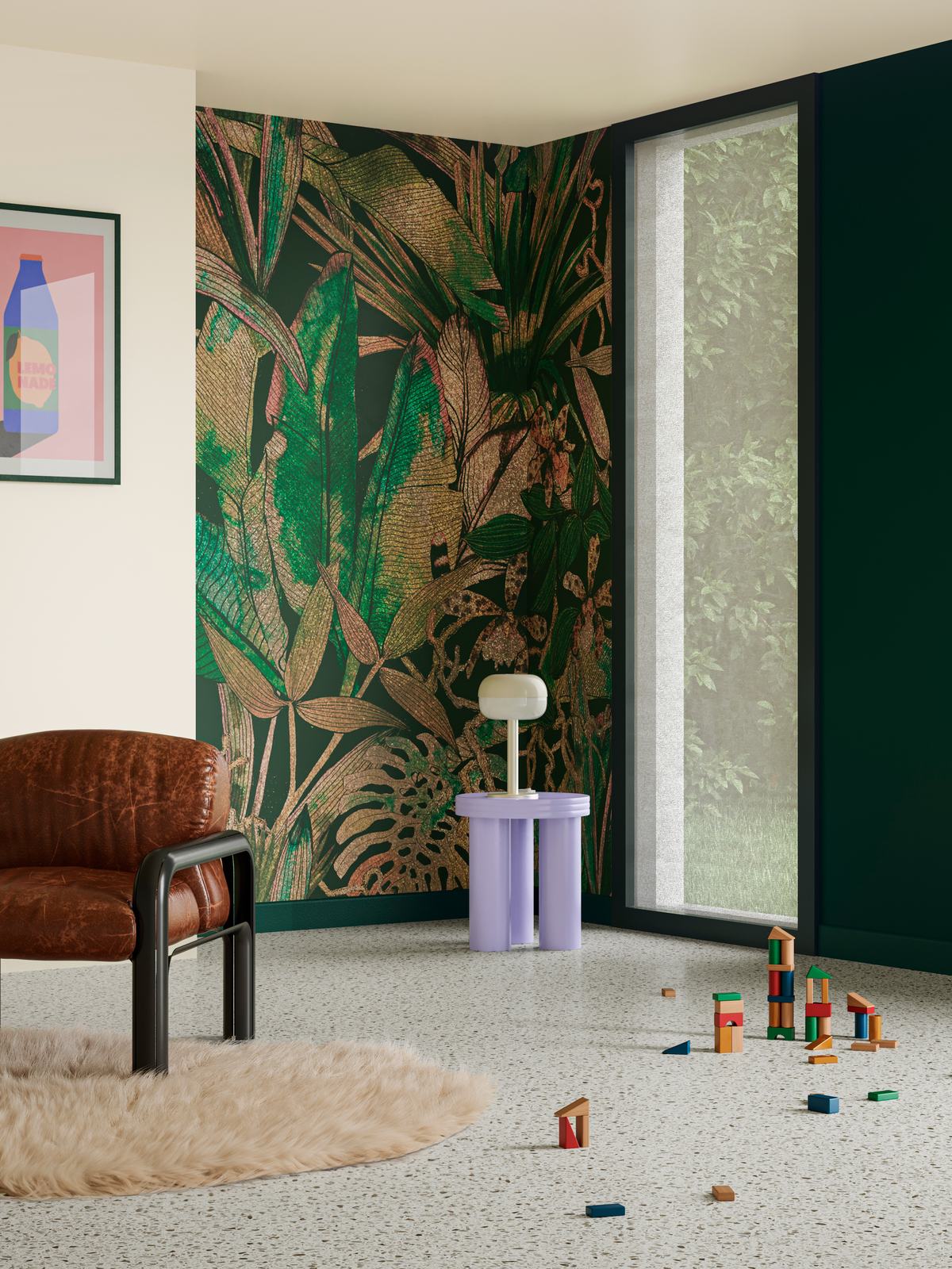 woonkamer - behang jungle - terrazzo vloer - 3x anders - colora-magazine