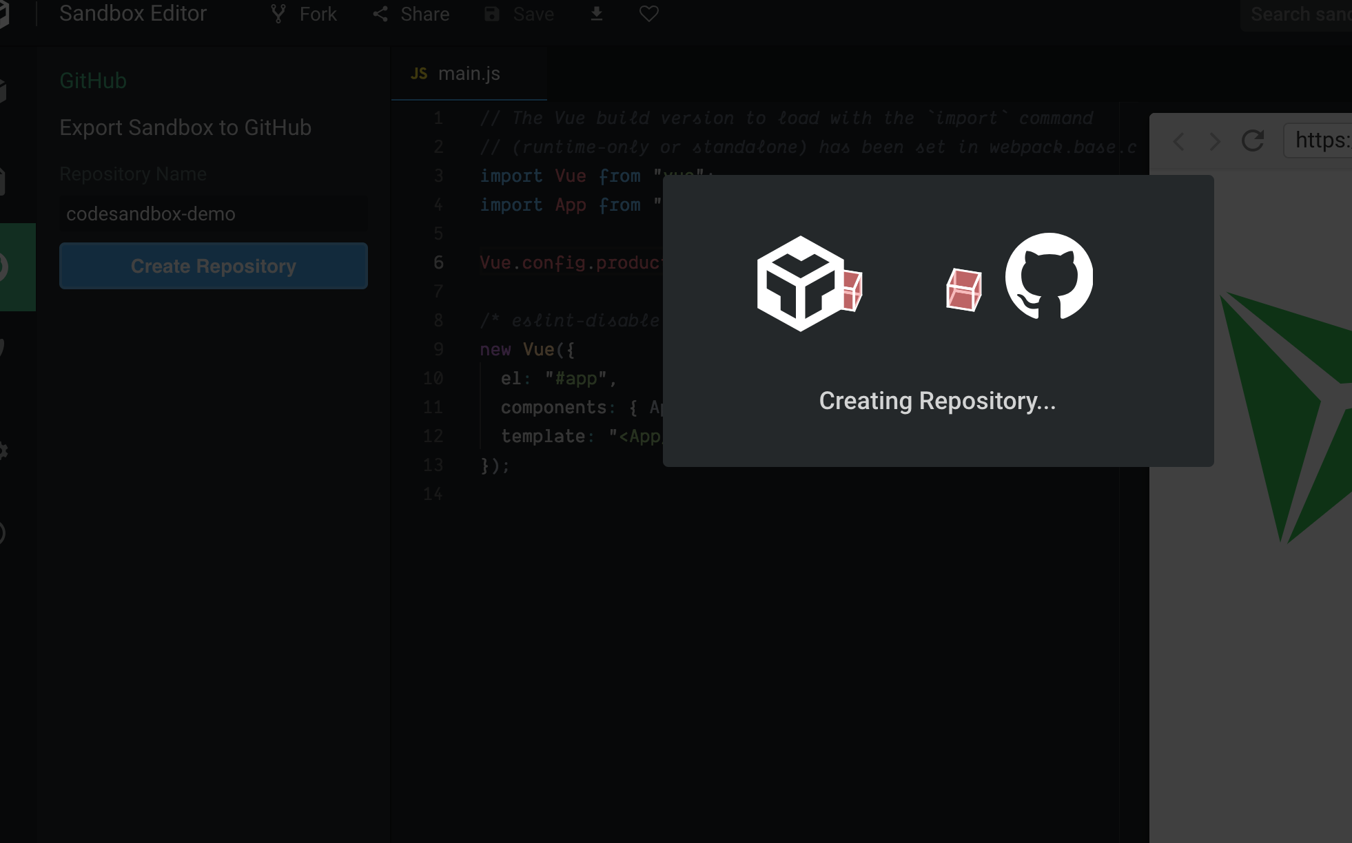 Screenshot showing the creating of a Github repository from within Codesandbox