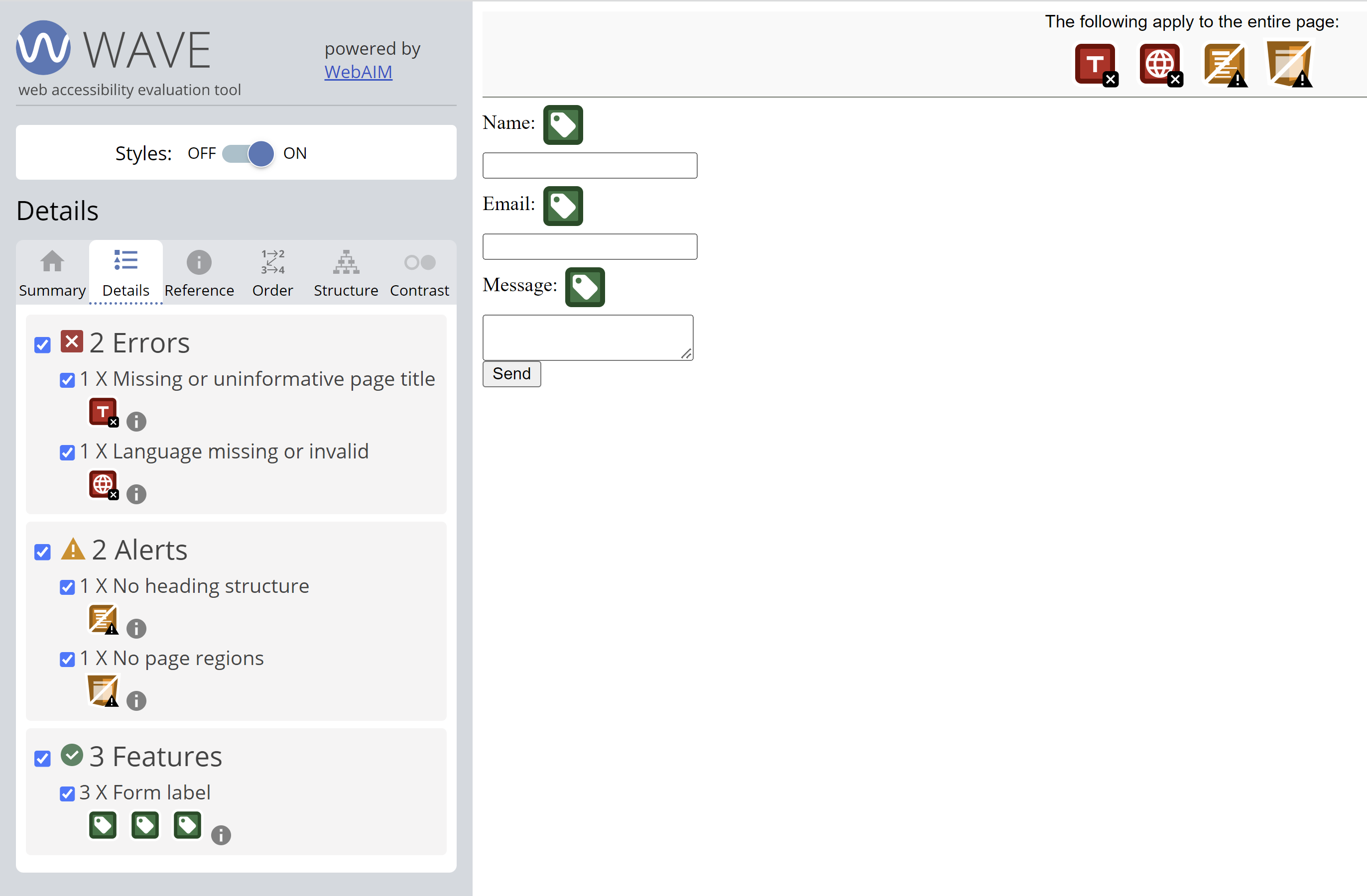 contact form in browser with WAVE analysis showing 2 errors and 2 alerts