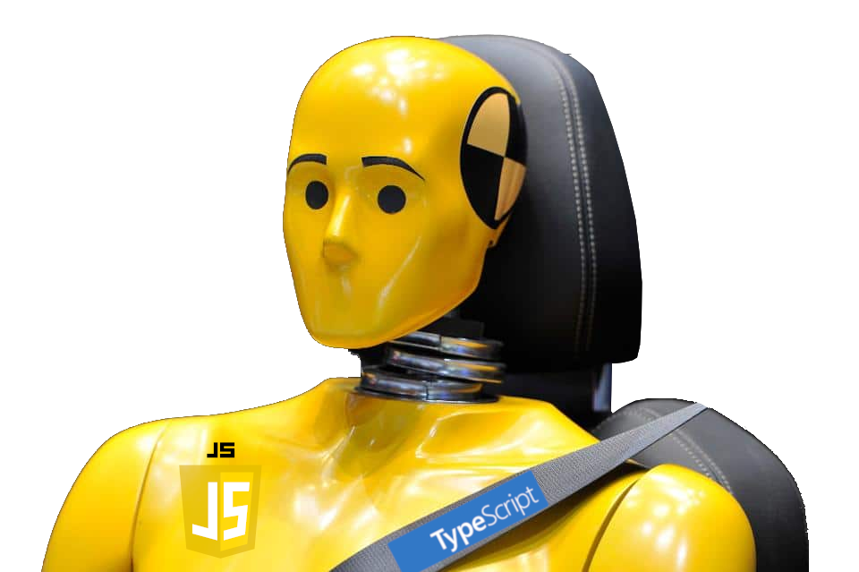 yellow crashtest dummy with js badge and typescript on its seatbelt