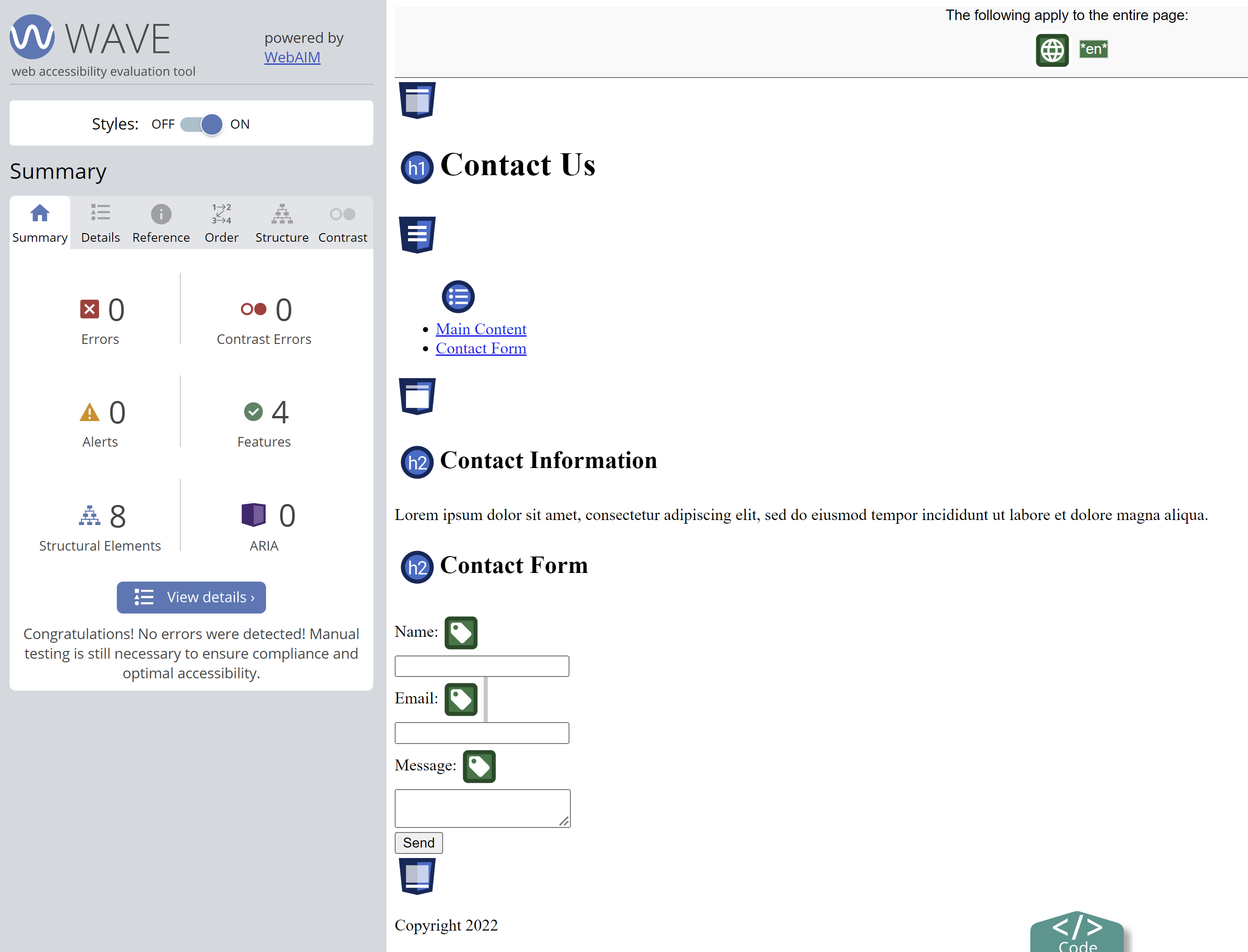 contact form in browser with WAVE analysis showing no errors or alerts