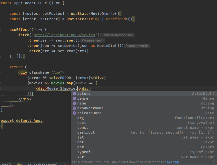 Screenshot of IntelliJ IDEA showing a React component using strongly typed DTO types