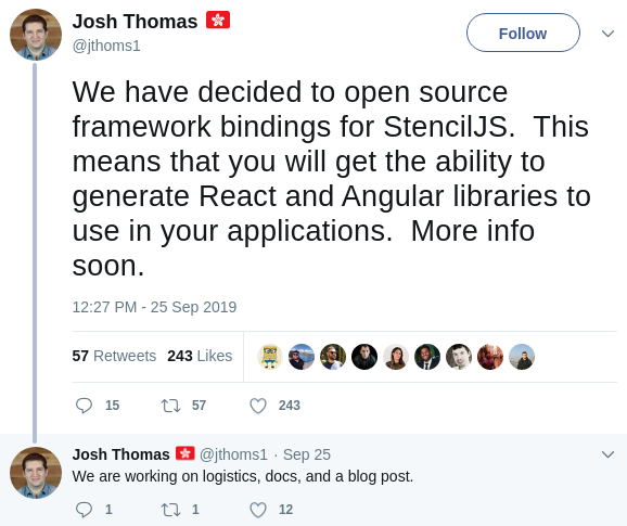 Screenshot of a tweet by Josh Thomas stating We have decided to open source framework bindings for StencilJS  This means that
