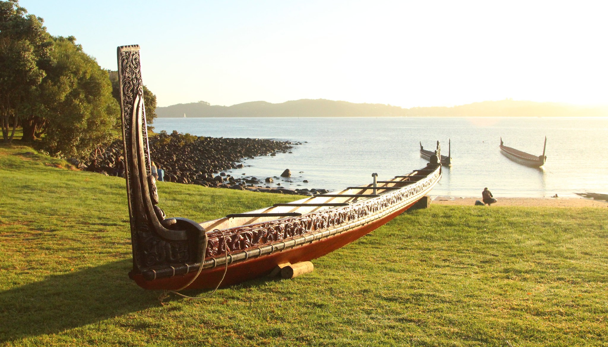 A traditional Māori waka is beached near the ocean at Waitangi Treaty grounds, 6 February 2017.