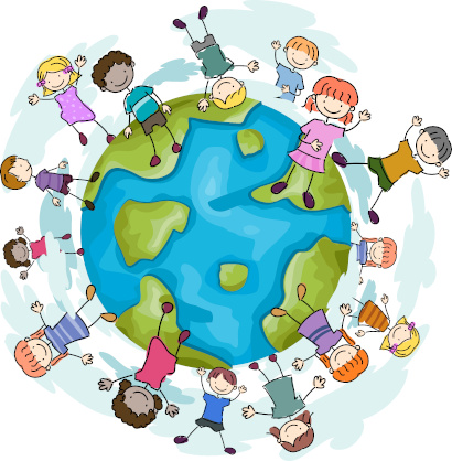 Cartoon images of children jumping happily around a globe.