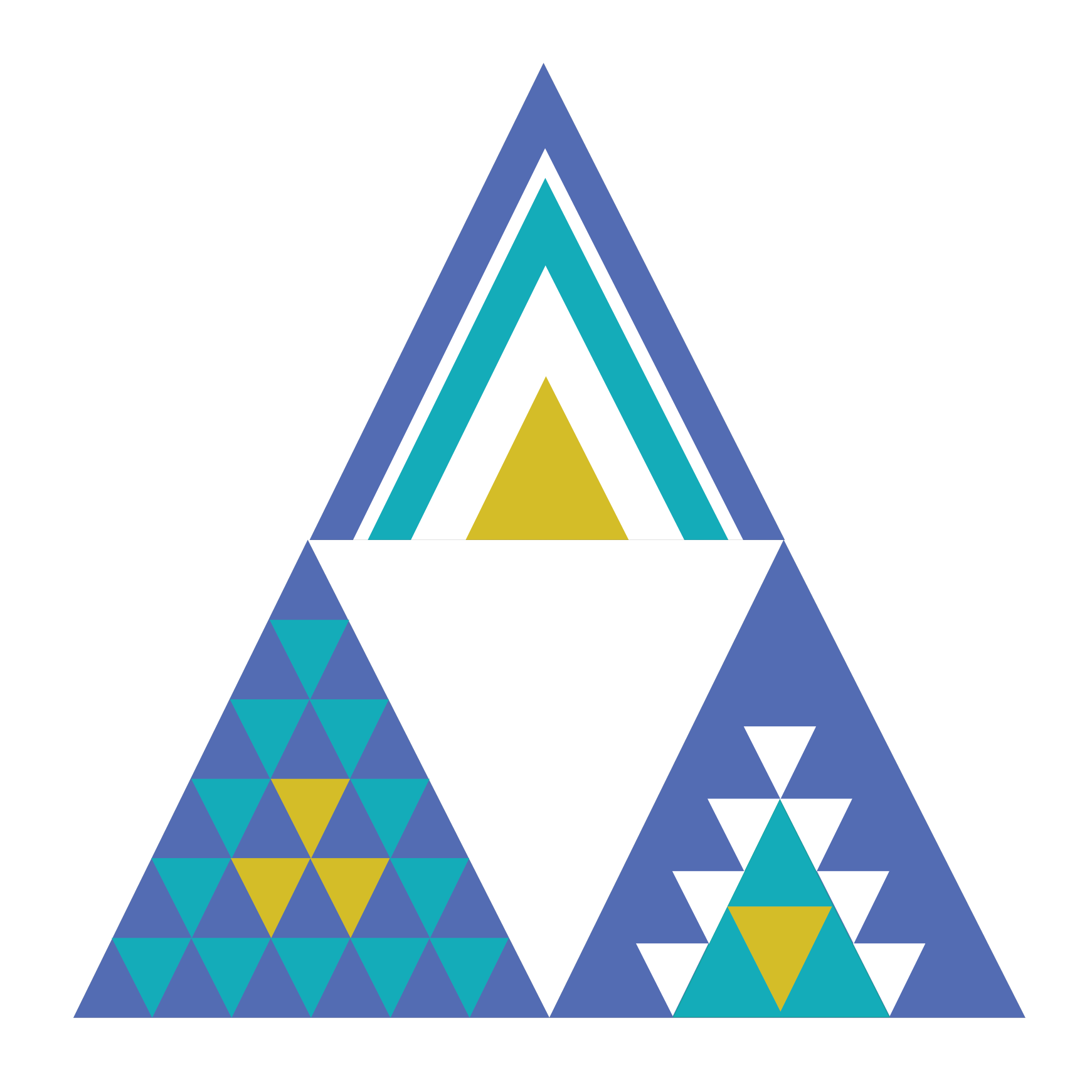 Three triangles designed as logos for each of global identity, global connections, and global responsibility