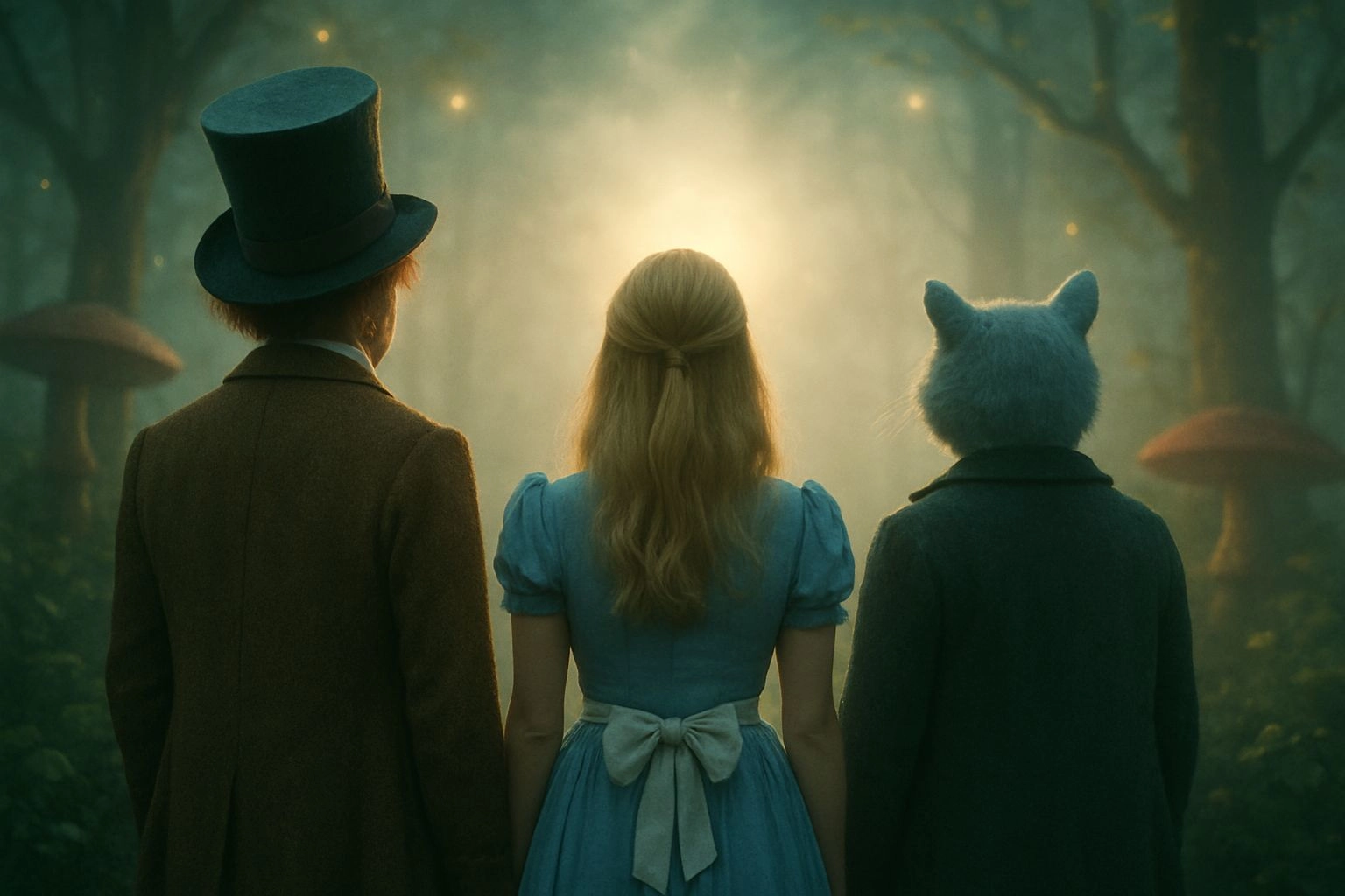 Personajes de Alicia en el país de las maravillas de espaldas: El sombrero loco, Alicia y el gato.