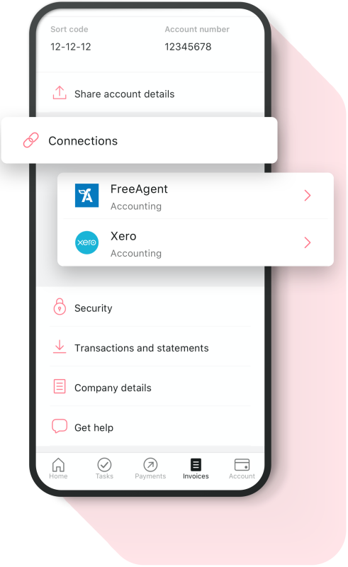 A phone with the Mettle app screen highlighting available accounting integrations like FreeAgent and Xero.