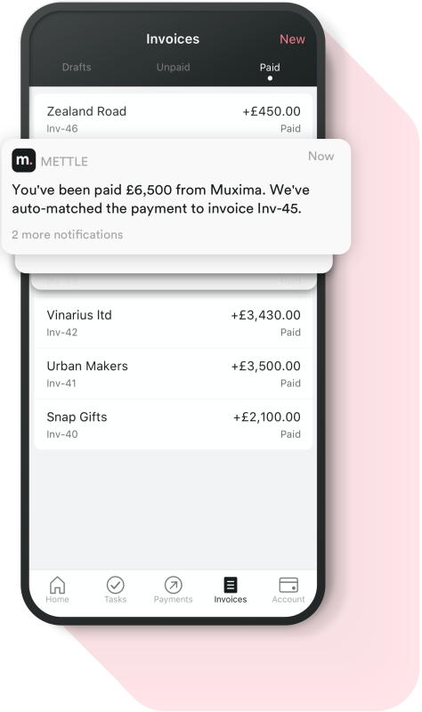 The Mettle app Invoice screen overlaid with a notification that reads ‘You've been paid’.