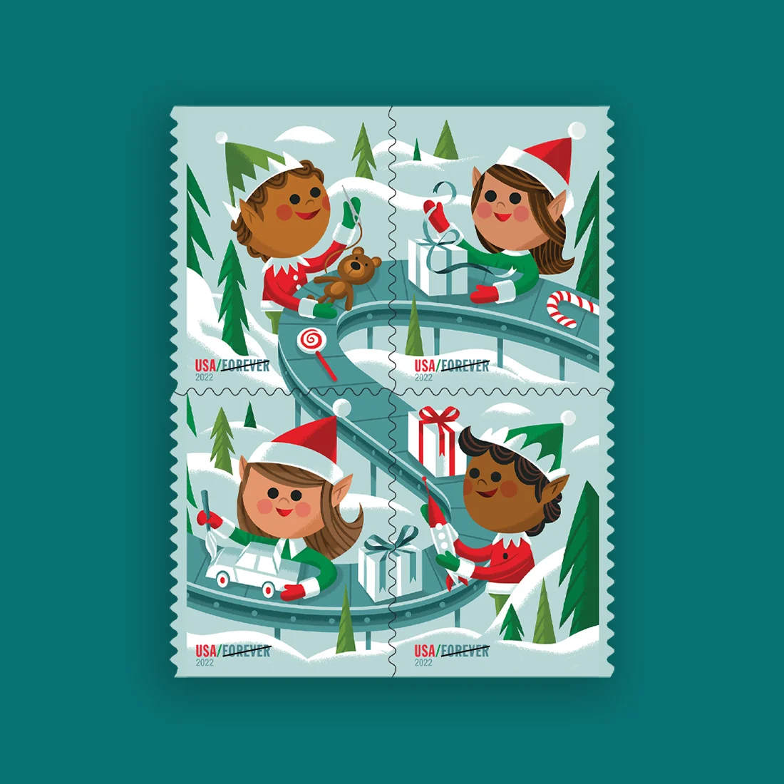 USPS Forever Holiday Elves Stamps Book of 20