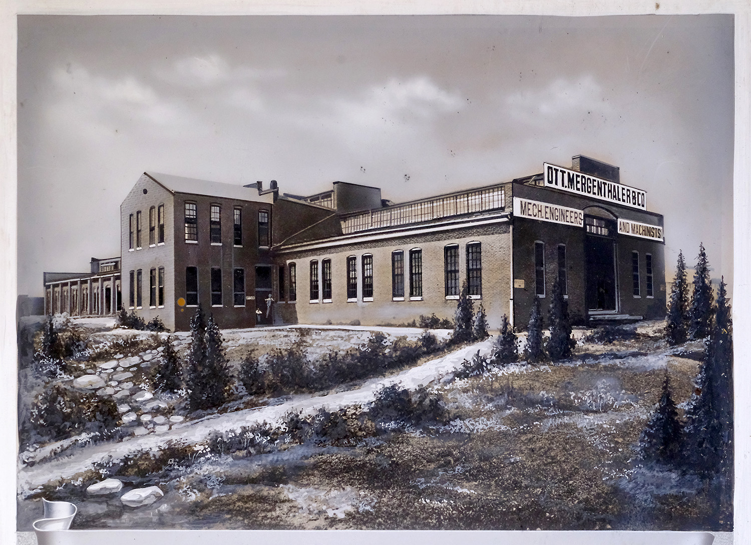 Ottmar Mergenthaler’s factory in Baltimore, Maryland (note the re-touched shrubbery and sign)